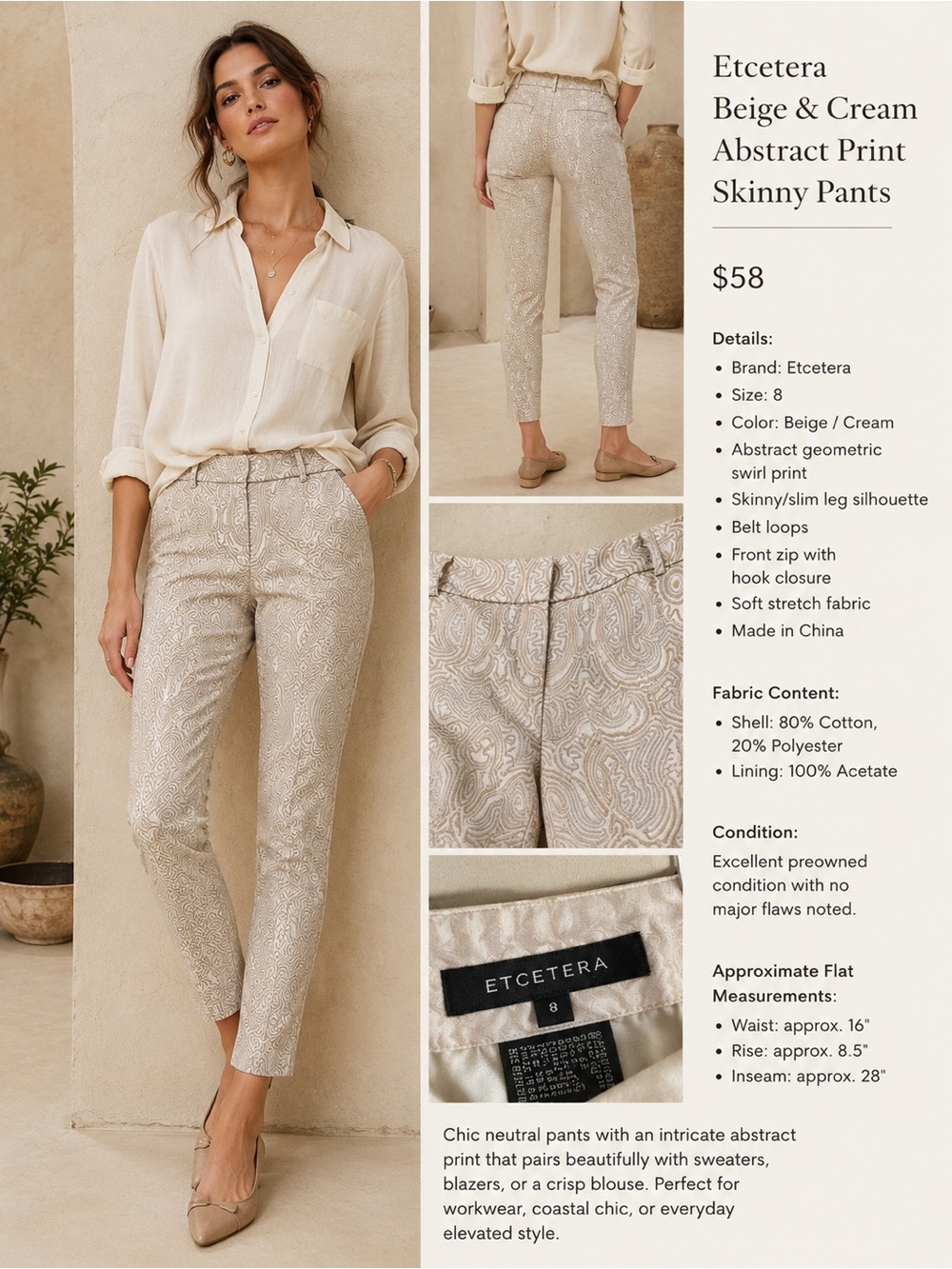 Etcetera Beige & Cream Abstract Print Slim Ankle Pants